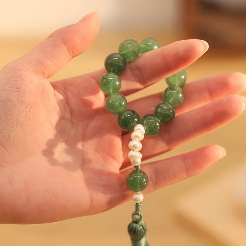 Mala Gelang Mutiara Kuarsa Stroberi Hijau Green Strawberry Quartz Pearl Wrist Mala