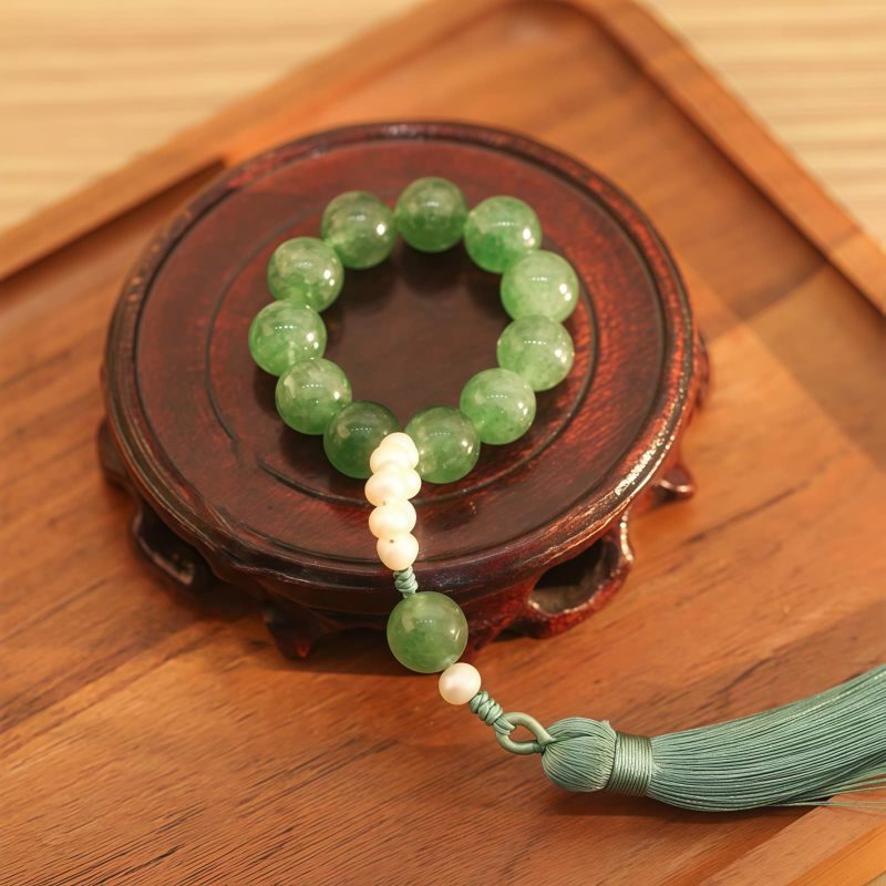 Mala Gelang Mutiara Kuarsa Stroberi Hijau Green Strawberry Quartz Pearl Wrist Mala