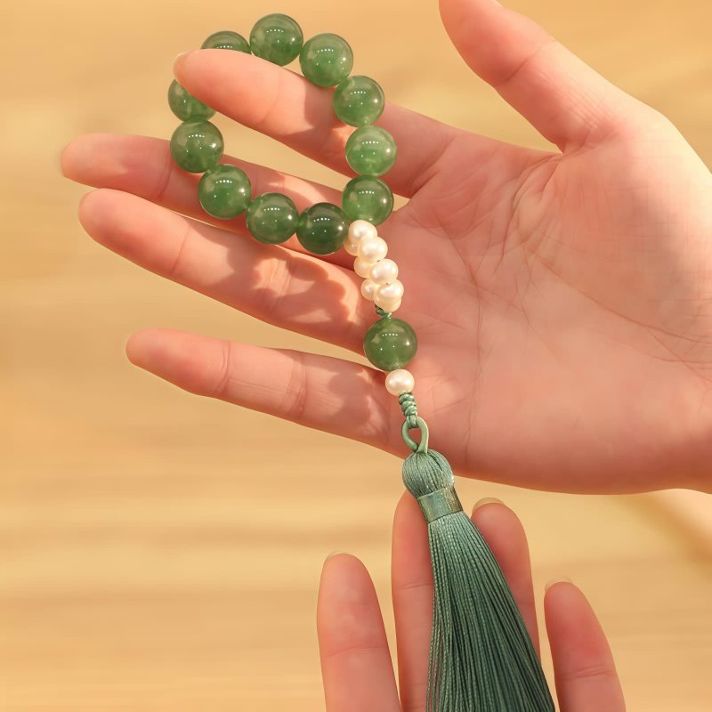 Mala Gelang Mutiara Kuarsa Stroberi Hijau Green Strawberry Quartz Pearl Wrist Mala