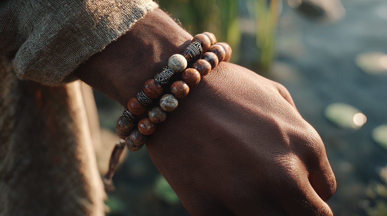 Hand wearing a five elements bracelet in a serene setting