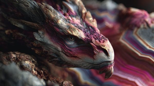 A majestic dragon subtly formed from and intertwined with vibrant, banded agate stone.