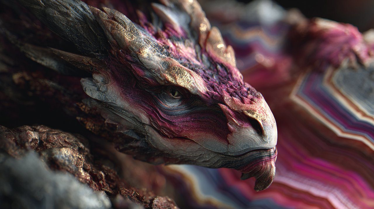 A majestic dragon subtly formed from and intertwined with vibrant, banded agate stone.