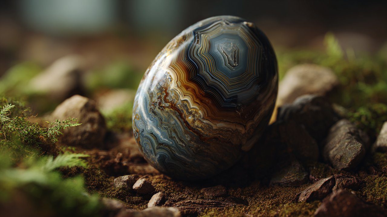 A close-up of a polished agate stone with intricate bands, resting on earth and moss.