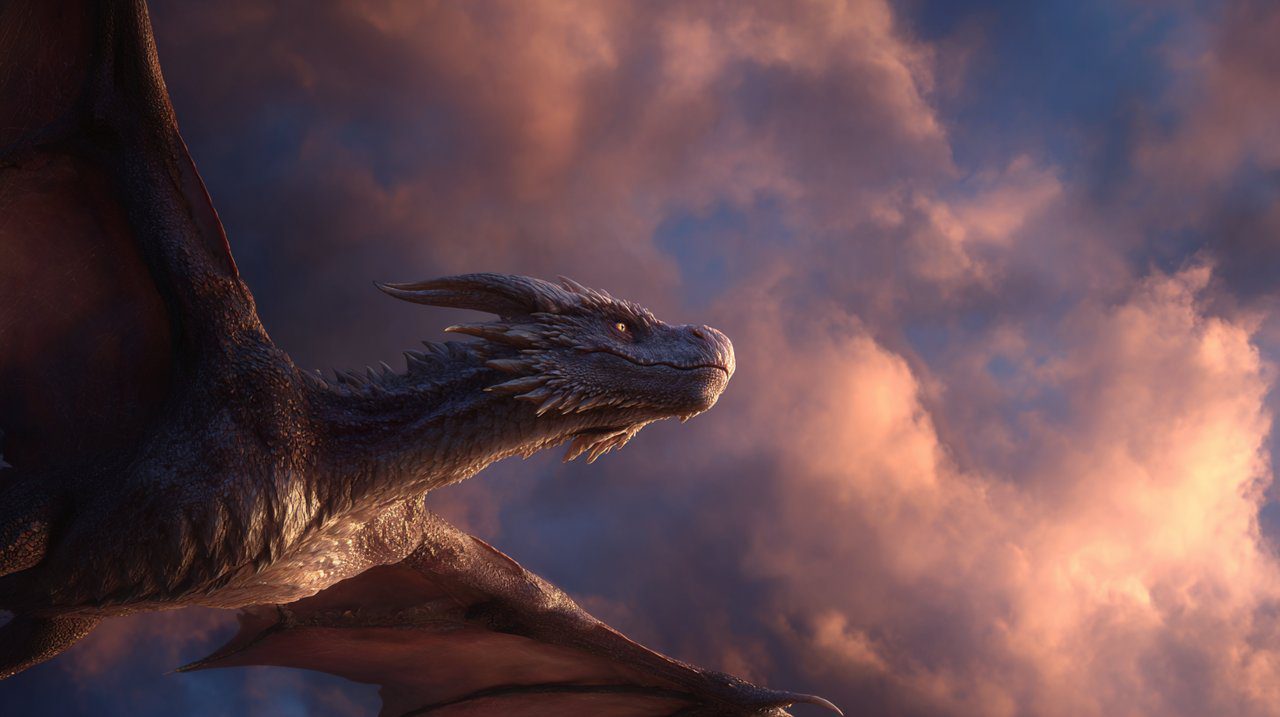 A wise, benevolent dragon soaring majestically through a vibrant, celestial sky.