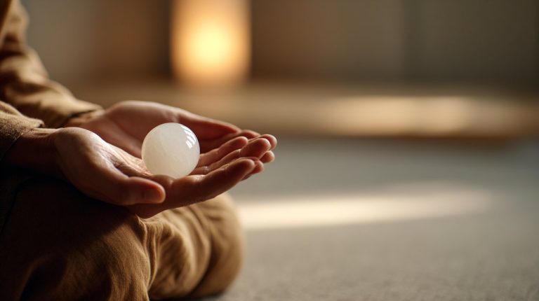 Hands holding white agate during meditation.