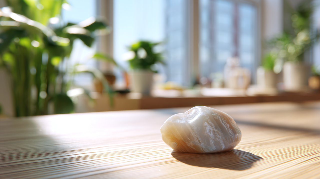 White Agate on a minimalist desk in a tranquil home office.