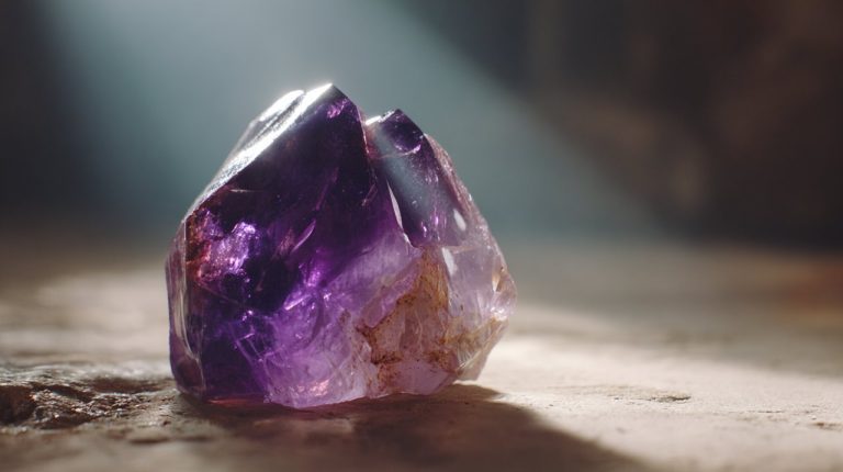 Close-up of a vibrant amethyst stone reflecting light.