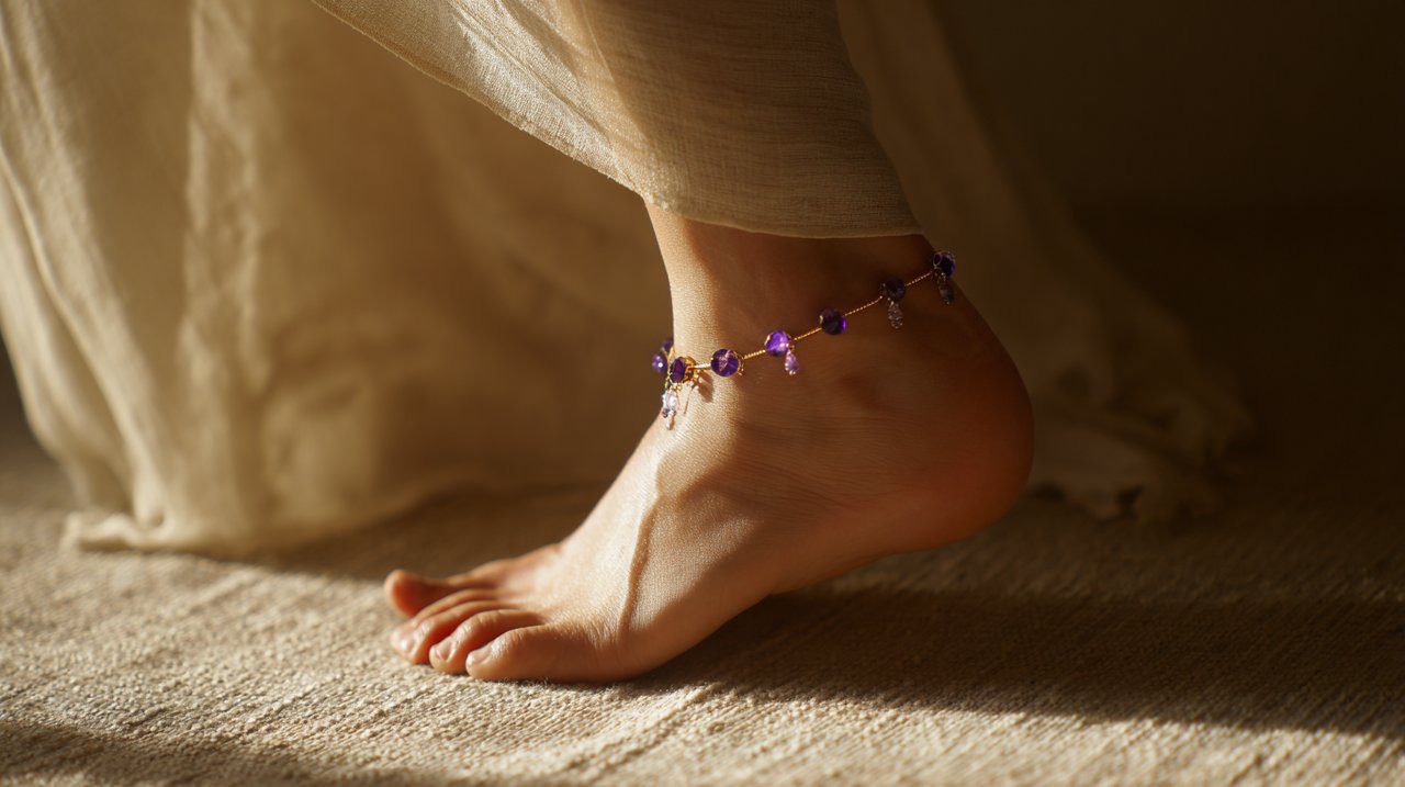 Stylish amethyst anklet on a foot, complementing an elegant outfit.
