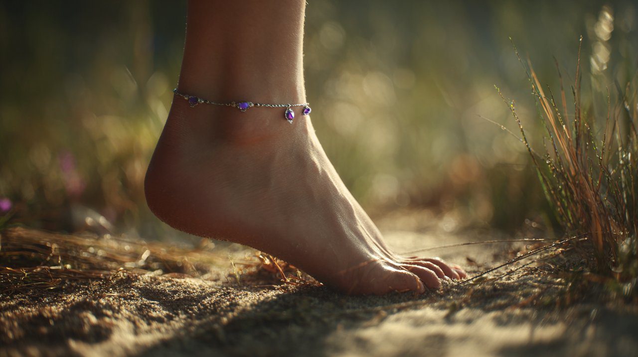 Ankle wearing an amethyst anklet, in a serene, natural setting.