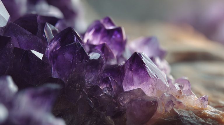 A close-up of a beautiful raw amethyst crystal cluster, emphasizing its calming purple hues.