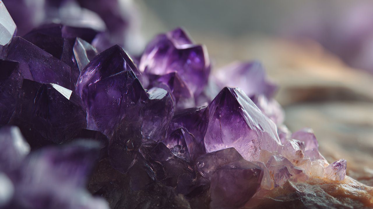 A close-up of a beautiful raw amethyst crystal cluster, emphasizing its calming purple hues.