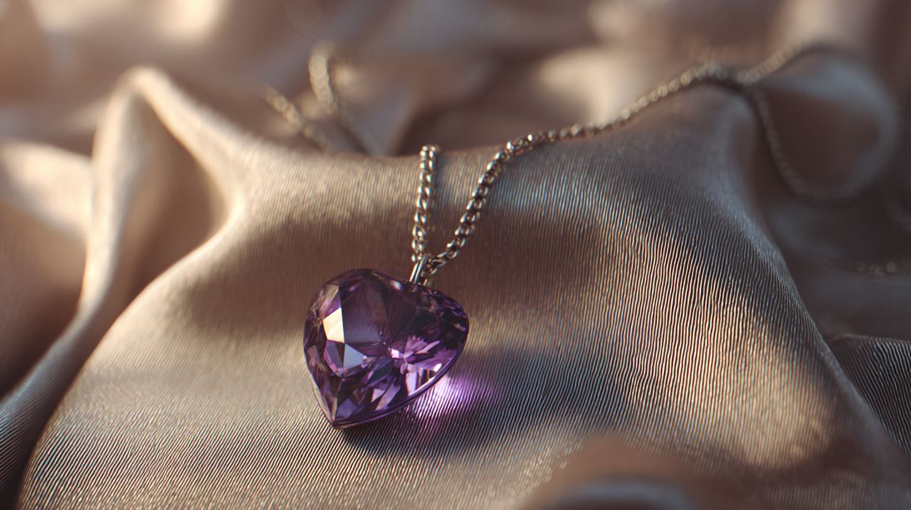 A photorealistic image of a delicate amethyst pendant necklace on silk fabric.