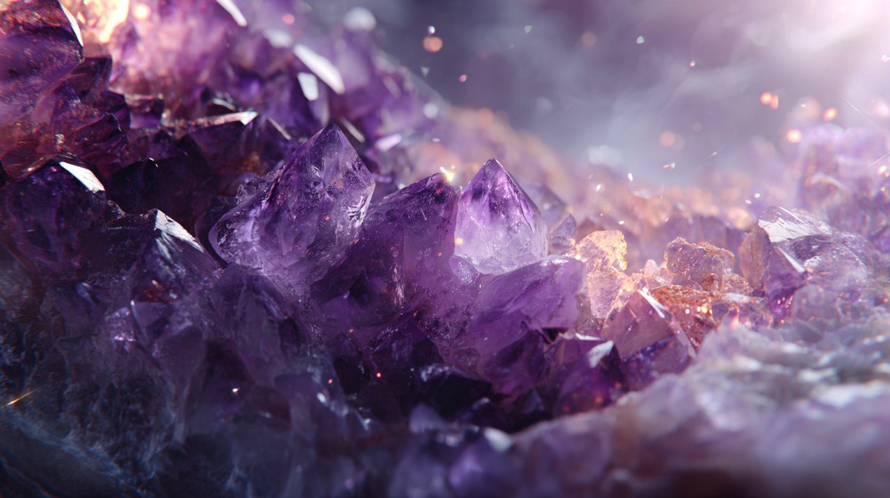 A close-up photorealistic image of a raw Amethyst geode.