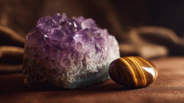 A photorealistic image of Amethyst and Tiger's Eye crystals together.