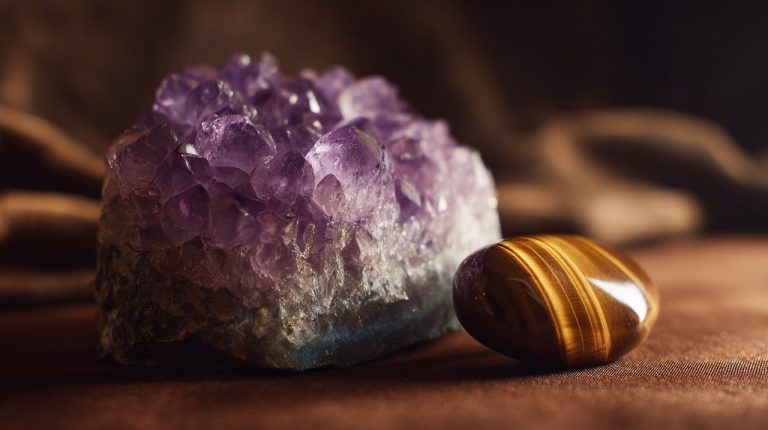 A photorealistic image of Amethyst and Tiger's Eye crystals together.