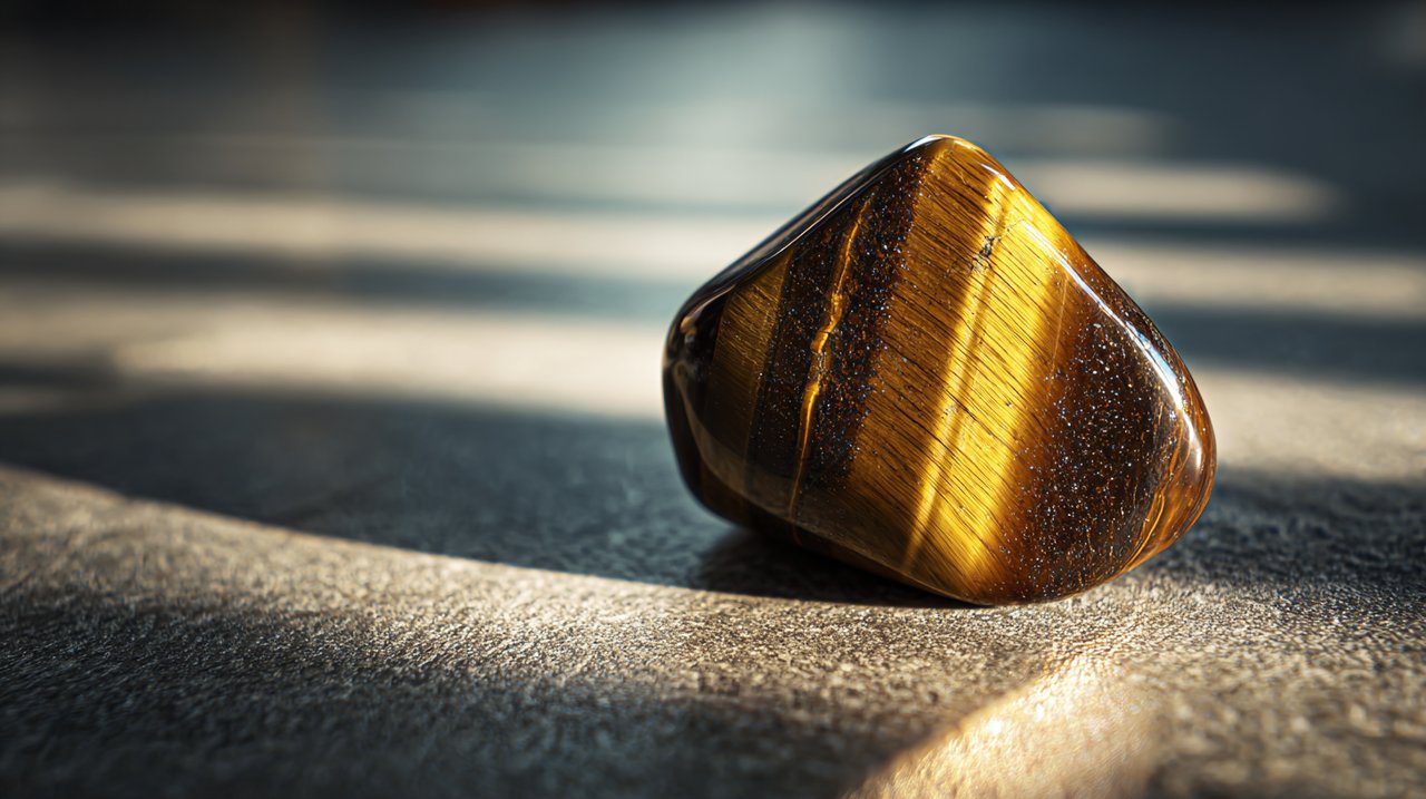 A photorealistic image of a polished Tiger's Eye stone.