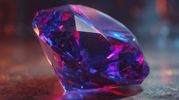 A close-up of a deep purple faceted amethyst gem.