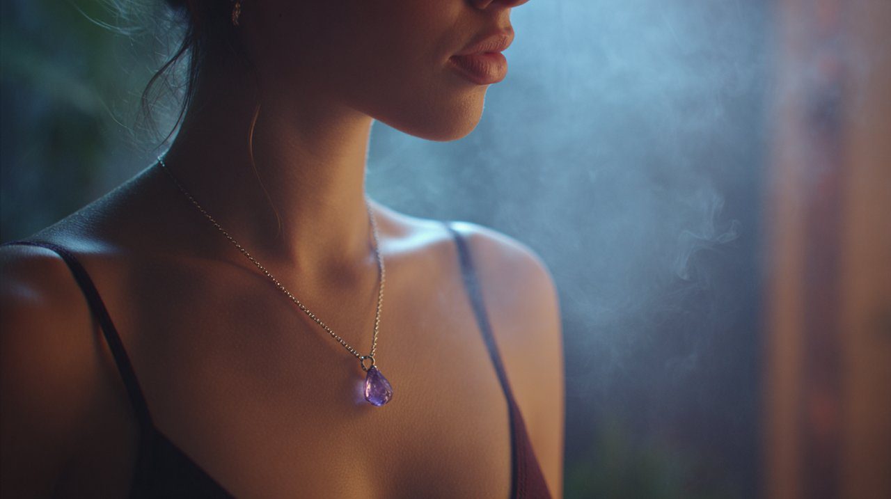 An elegant amethyst pendant necklace on a person in meditation.