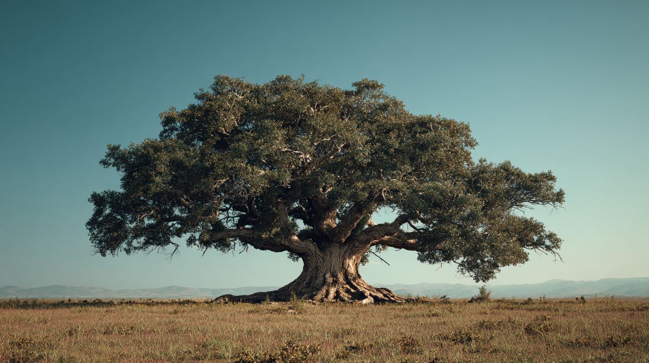 Ancient oak tree in a sun-drenched field