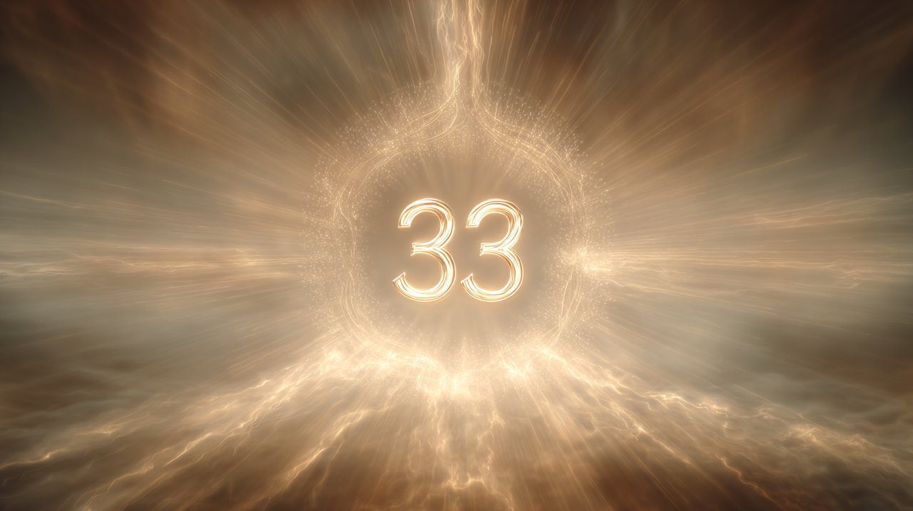 Photorealistic image of a glowing number 33 surrounded by ethereal, healing light.