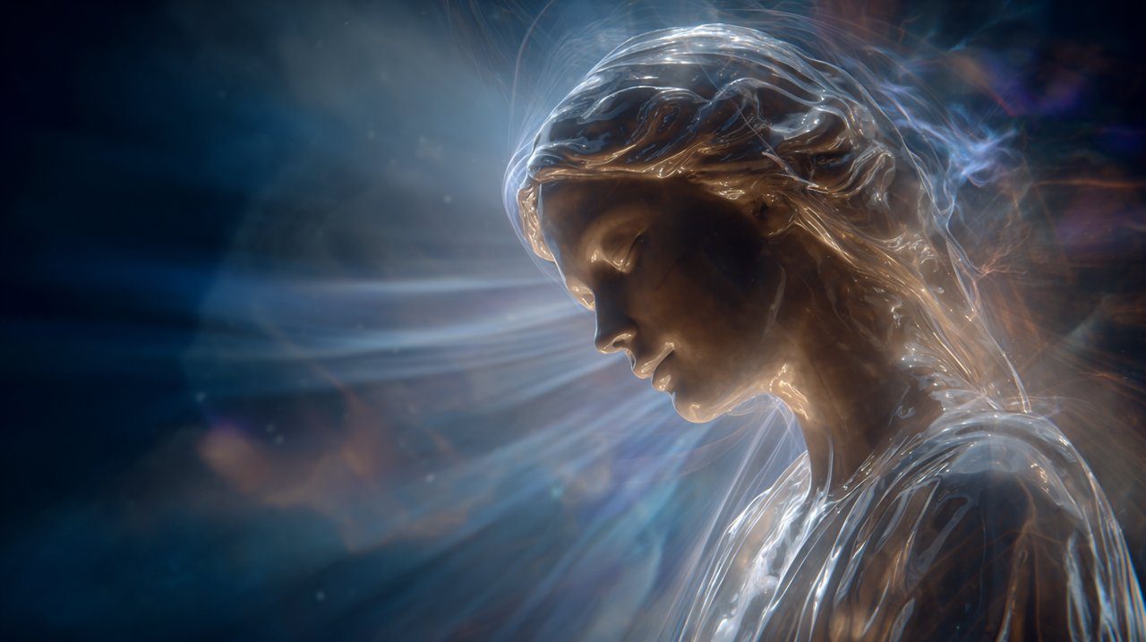 Photorealistic image of a serene spiritual guide figure radiating compassion, surrounded by gentle light.