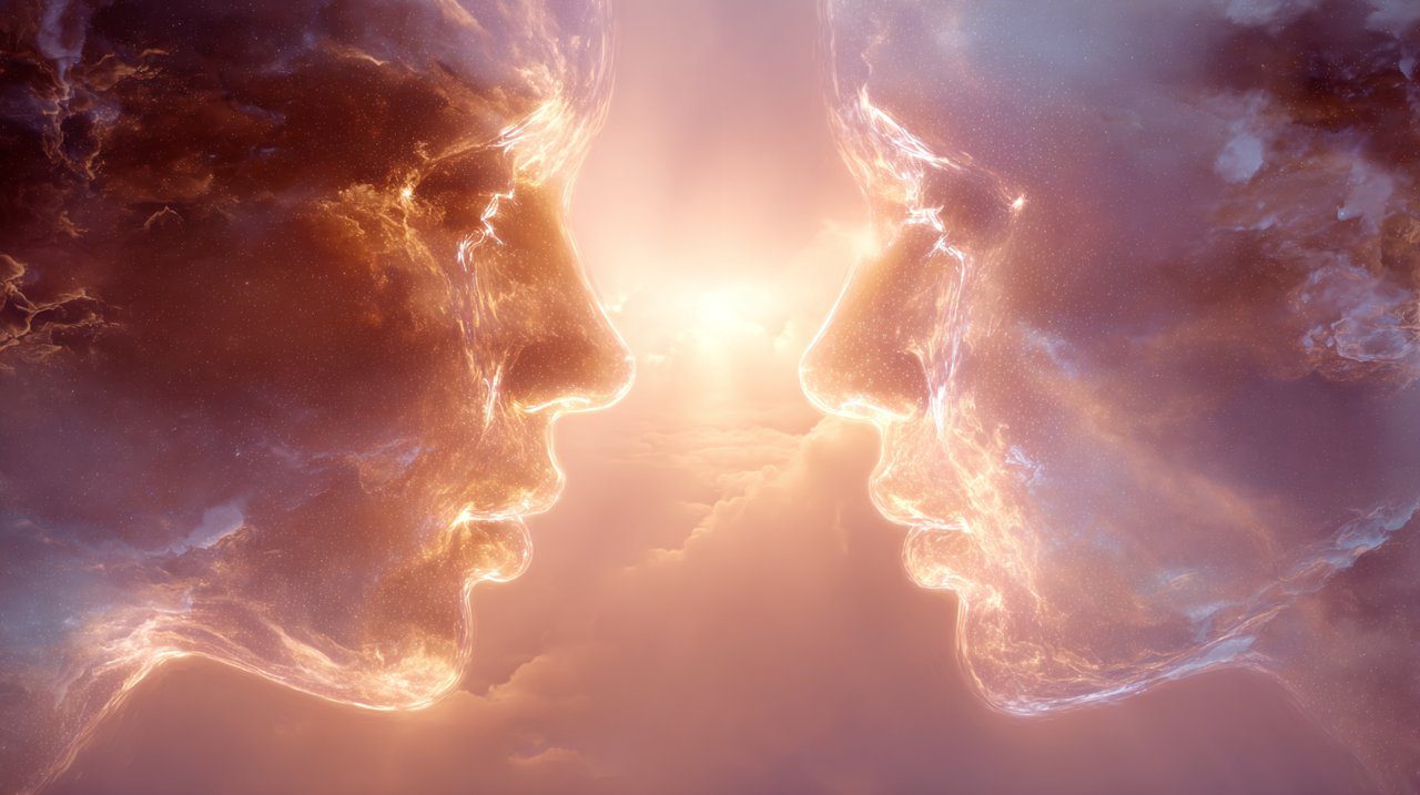 Photorealistic image of two intertwined ethereal lights, symbolizing twin flames and unconditional love.