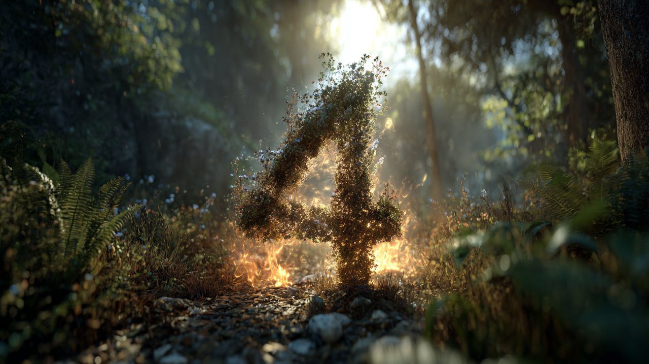 The number 4 symbolizing elemental balance in a vibrant, sun-drenched forest clearing.