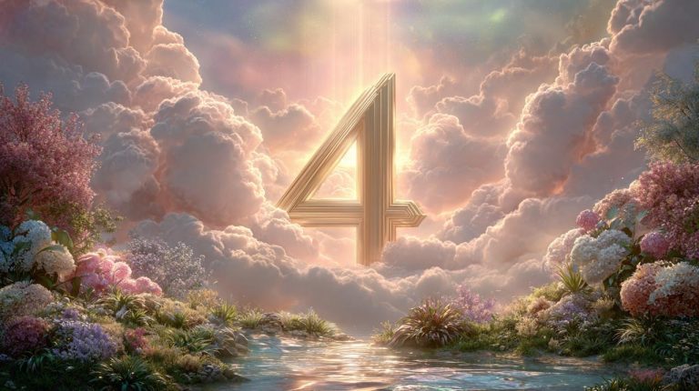 Angel Number 4 radiating divine light over a peaceful, sun-drenched garden, symbolizing universal support.
