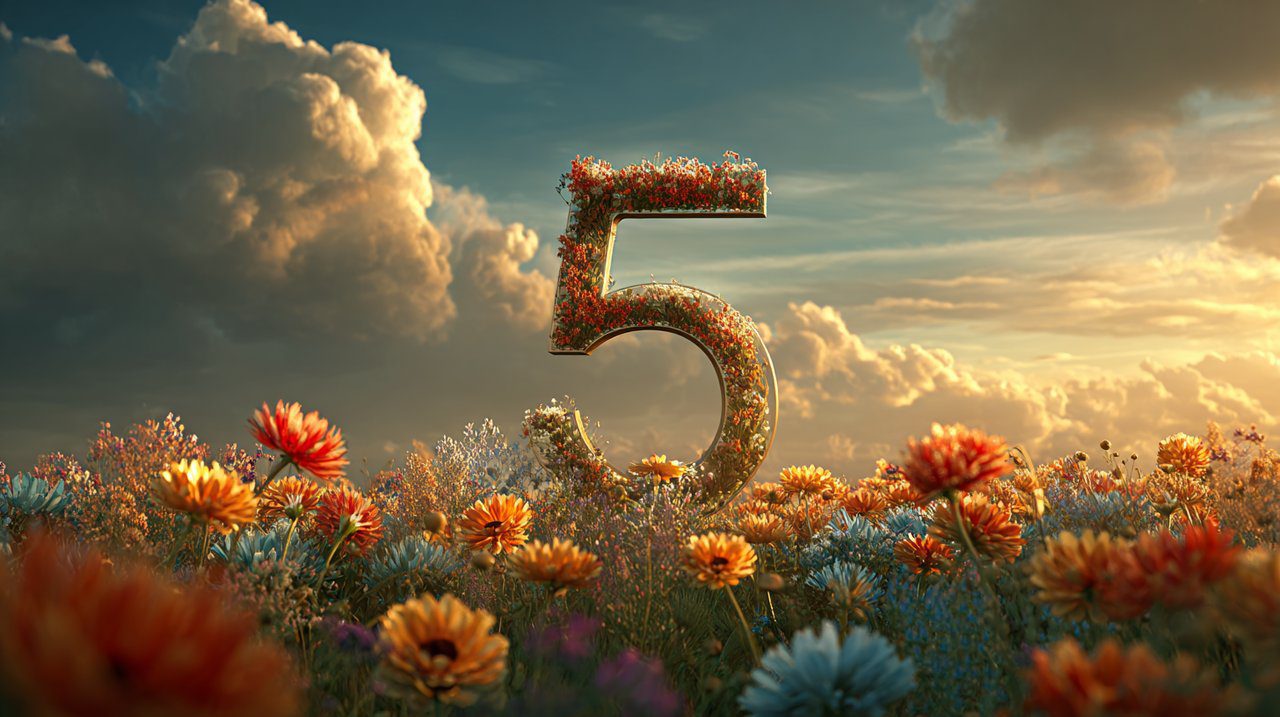 The number 5 hovering above a field of sun-drenched wildflowers.