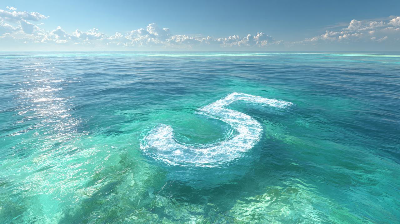 The number 5 formed by sparkling water in a calm ocean.