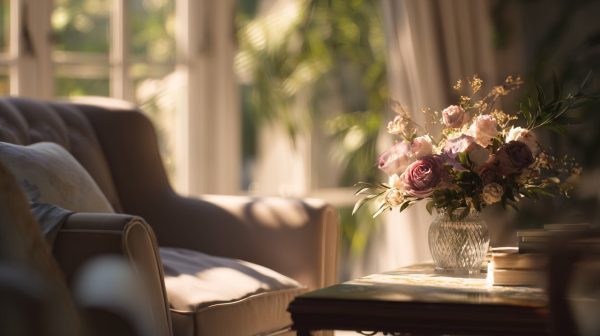 A cozy home interior with warm light and a blurred family portrait.