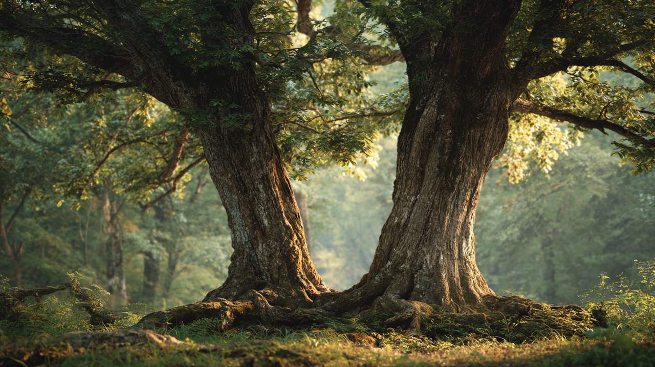Two majestic trees growing together in a serene forest.