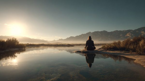 Person Meditating by a Serene Lake