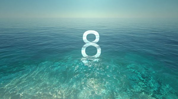 The number 8 glowing brightly, formed by ethereal, soft pastel-colored nebulas, floating in a vast, sun-drenched celestial background.