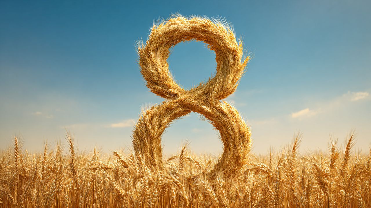 The number 8 majestically formed by golden wheat stalks, standing tall in an endless, sun-drenched field under a clear blue sky.