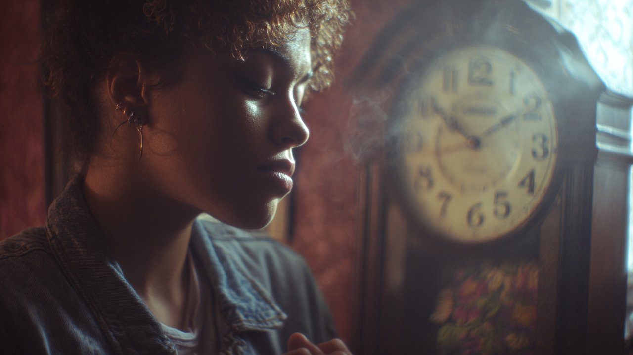 A person subtly noticing repeating numbers on a clock or digital display, suggesting synchronicity.