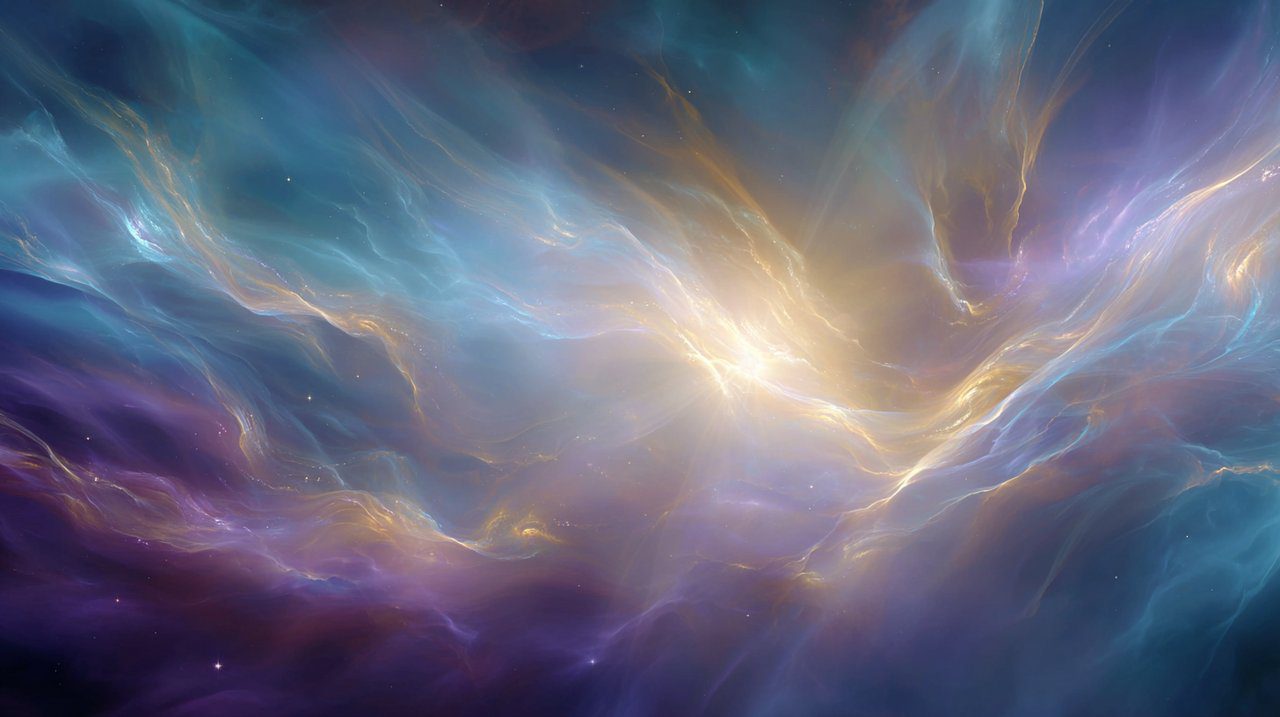 Abstract spiritual energies represented by swirling ethereal light in harmonious colors.