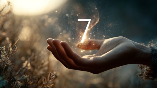 A hand reaching towards a glowing number 7, symbolizing inner guidance and discovery.