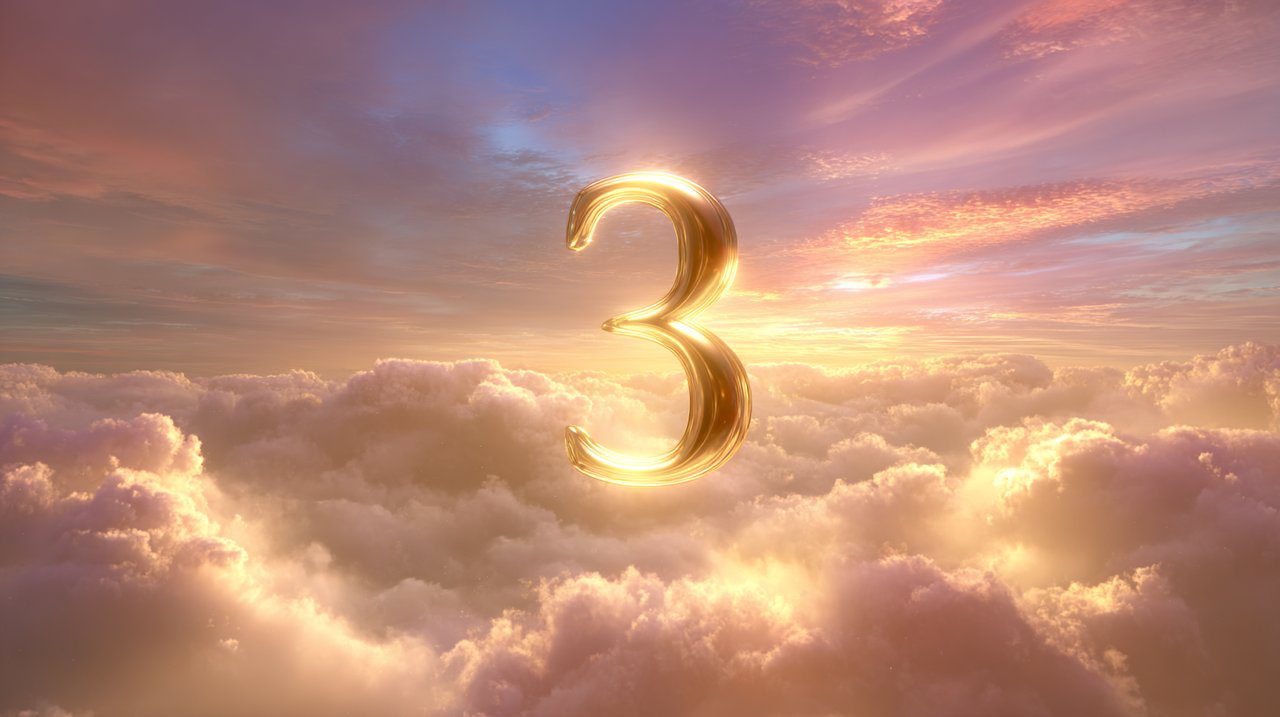 Angel Number 3 appearing over a peaceful, sunlit landscape.