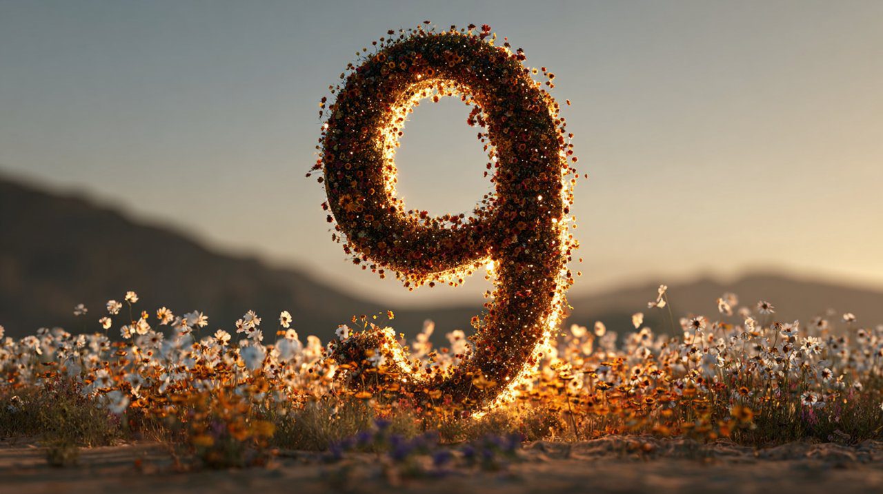 Angel Number 9 hovering over a sunlit field