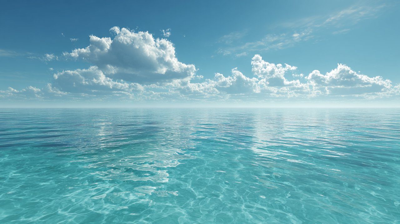 A vast, calm turquoise ocean under a bright, clear sky, symbolizing tranquility.