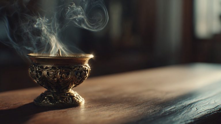 A small brass incense burner with smoke gently rising.