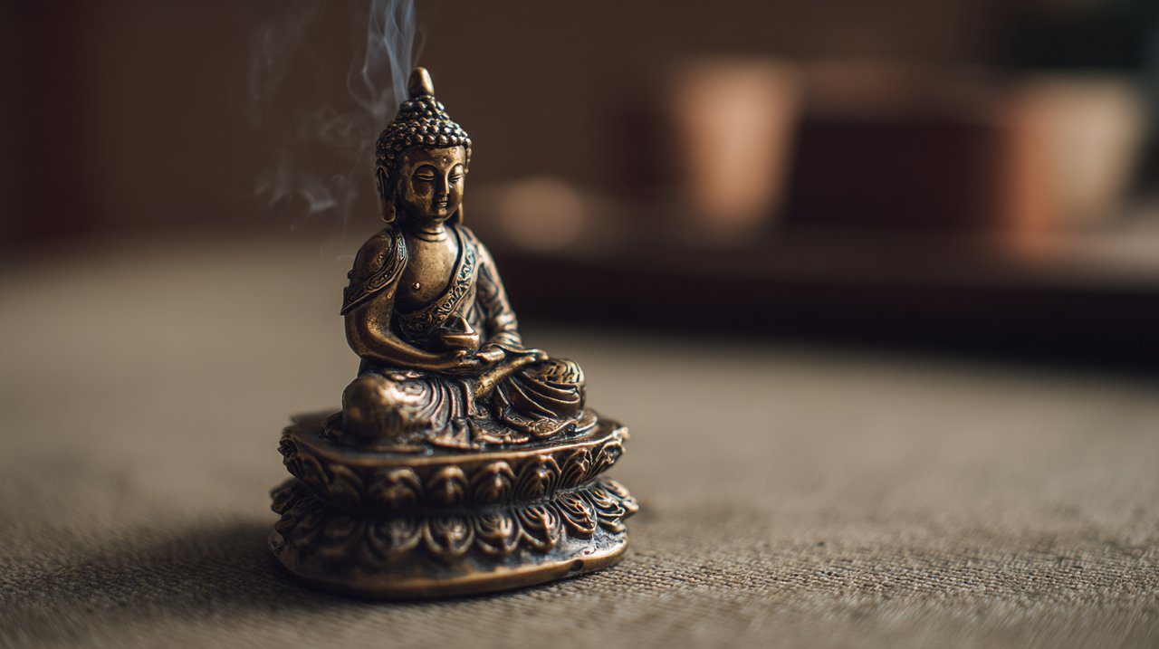 Un quemador de incienso de Buda de latón como ancla visual para la paz.