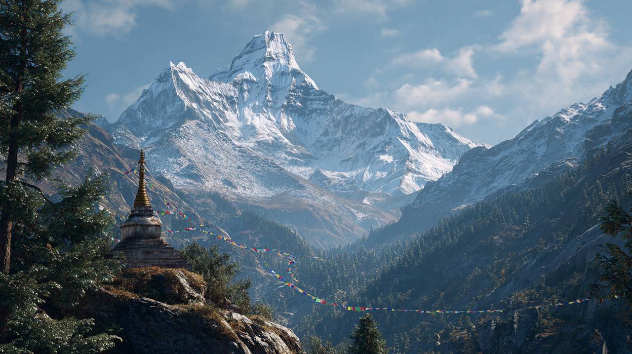 A serene, sun-drenched mountain landscape with a small, subtly placed Buddhist stupa or prayer flag, symbolizing spiritual journey.