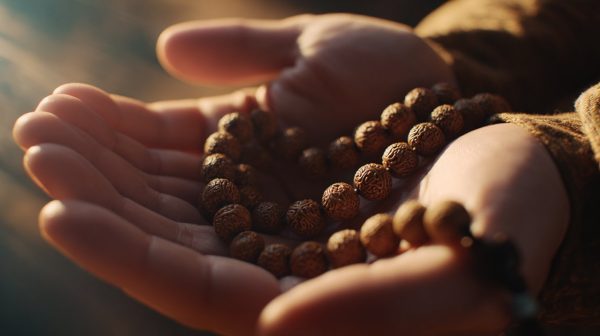 A person's hands gently holding a Tibetan mala necklace in soft, contemplative light.