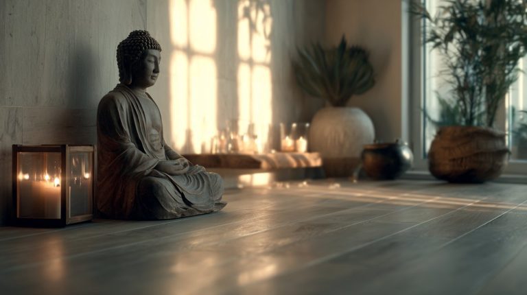 A serene home meditation corner with a Buddha statue and candle.