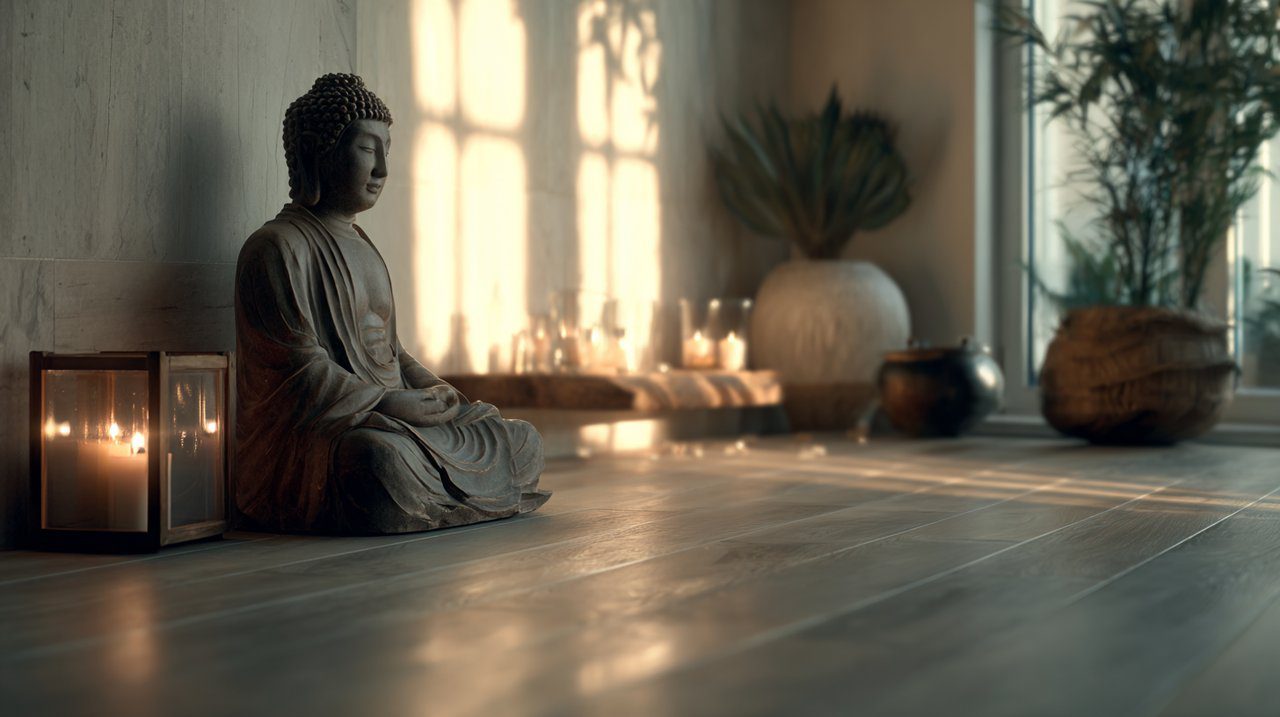 A serene home meditation corner with a Buddha statue and candle.