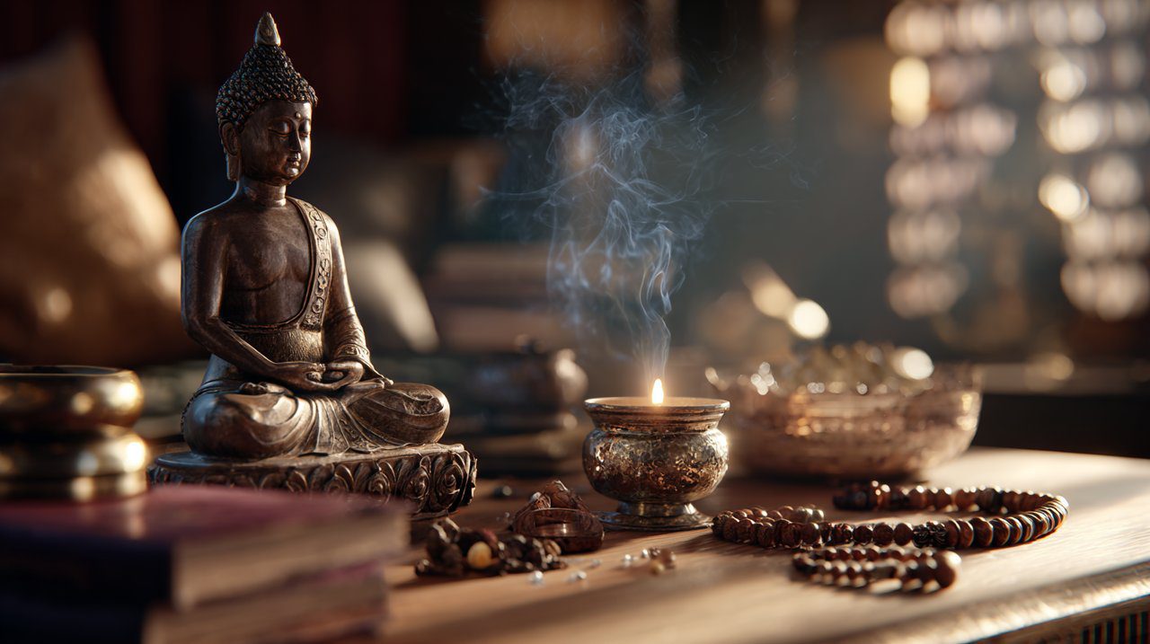 A meditation altar with Buddha, candle, incense, and mala beads.