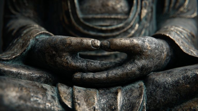 Photorealistic image of a Buddha statue's hands in Dhyana Mudra.