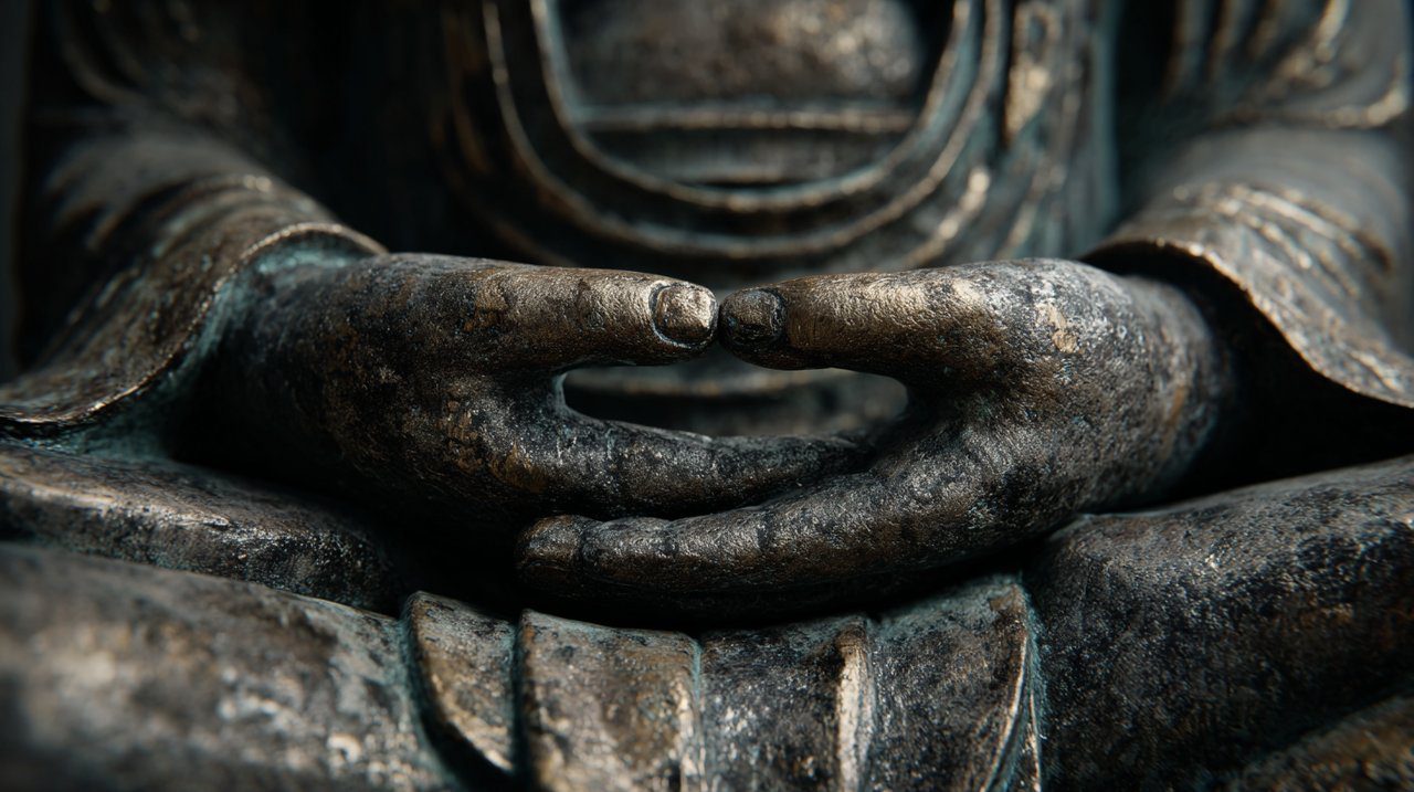 Photorealistic image of a Buddha statue's hands in Dhyana Mudra.